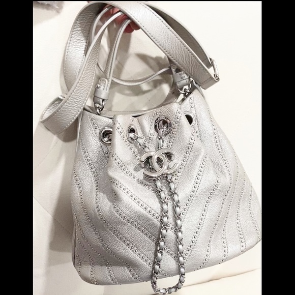 Chanel drawstring Metallic Calfskin Studded Chevron Quilted Crossbody - Picture 3 of 13